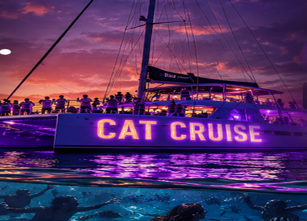Catamaran cruise at sunset with tropical water and people swimming